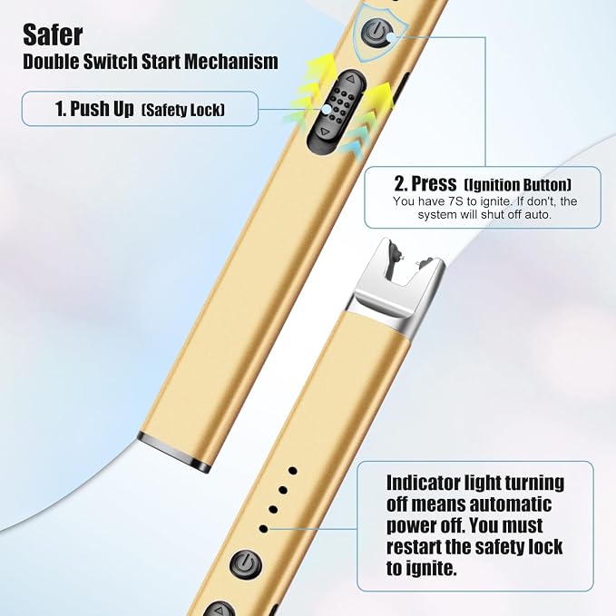 LcFun 2 Pack Candle Lighter USB Rechargeable Electric Plasma Arc Lighters with Safety Lock, Windproof Flameless Lighters Long Stem Matches for Candle, Grill, BBQ, Camping, Gas Stoves (Black, Gold)