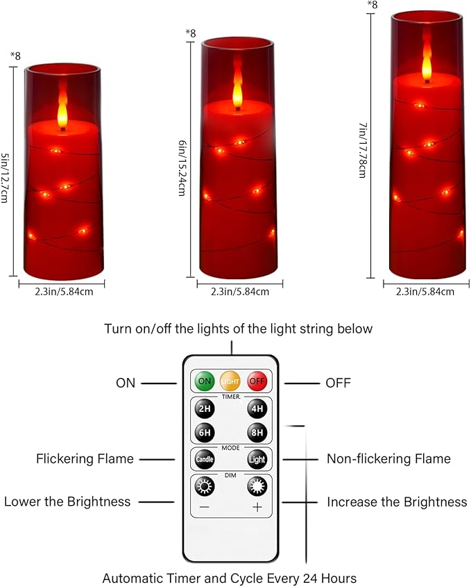 kakoya Flameless LED Candles with Timer 24 Pc Flickering Flameless Candles for Romantic Ambiance and Home Decoration Stable Acrylic Shell,with Embedded Star String，Battery Operated Candles（Red）