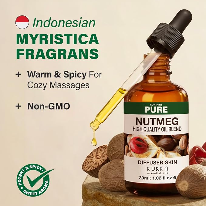 100% Pure Nutmeg Oil - 1 Fl Oz Nutmeg Essential Oil for Hair, Skin, Diffuser, Aromatherapy & DIY Soap Making Scent