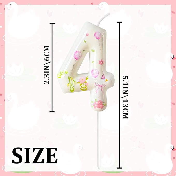 Number 4 Birthday Candle for Cake – Goose Inspired Design with Floral, Balloon & Leaf Details – Farm Theme Cake Topper for Birthday Party Decoration