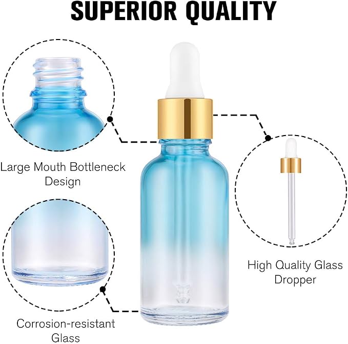 PrettyCare Glass Eye Dropper Bottles 24 Pack, 1oz (30ml) Rainbow Empty Thick Bottles Bulk with Leakproof Goledn Caps - With Labels & Funnels for Storage, Travel, Essential Oils, Cuticle, Tinctures