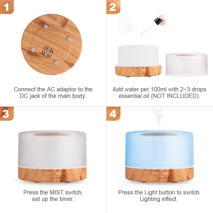 Generic Diffusers 500ml Essential Oil Diffuser with Adjustable Mist Mode, 2024 New Auto Off Aroma Diffuser 7-Colors lignts for Bedroom, Office, Khaki