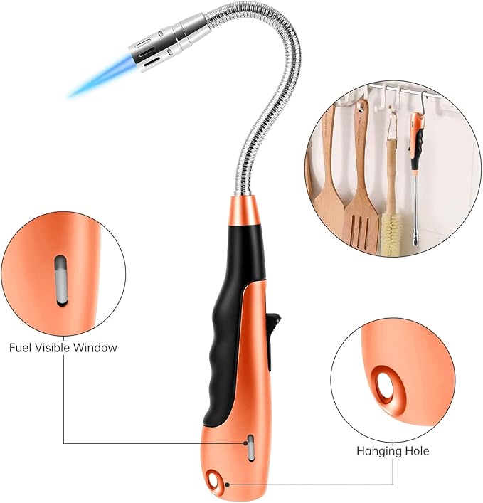 Butane Lighter with Visual Fuel Window for Kitchen Grill, Orange (No Butane)