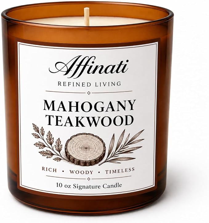 Affinati Mahogany Teakwood Signature Candle - 10 oz Luxury Soy Blend Wax Candle, Long-Lasting Home Fragrance