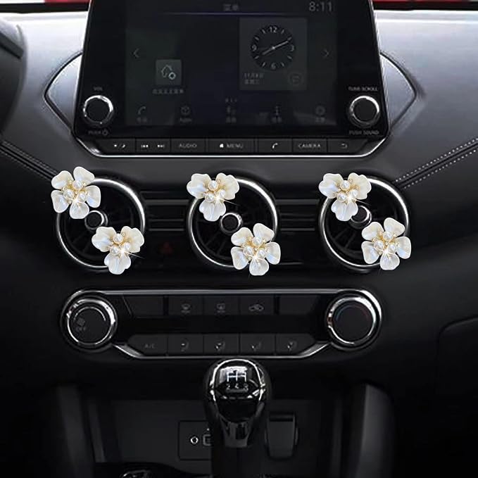 Bling Daisy 6 Pcs Pearl Flower Air Vent Clips - Cute Car Diffuser Vent Clip Rhinestone Decoration - White