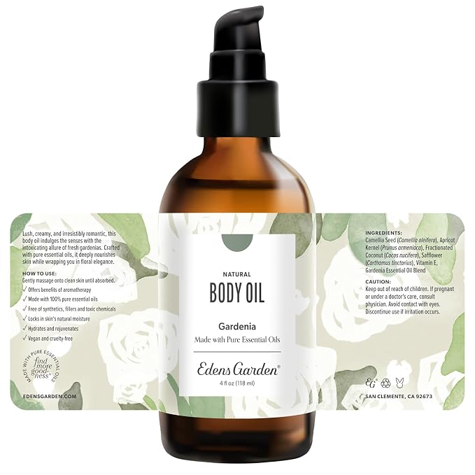 Edens Garden Gardenia Body Oil – Bath, Body & Massage Oil with Pure Essential Oils & Vitamin E, Moisturizing Floral Aromatherapy for Skincare, 4 fl oz (118 ml)