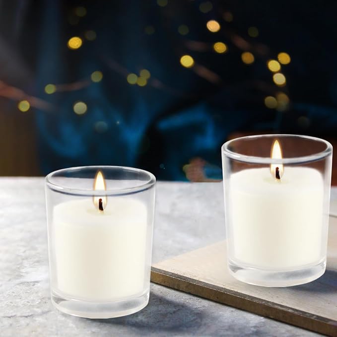 YOROXRG 48 Pack White Unscented Clear Glass Filled Votive Candles. Hand Poured Wax Candle Ideal Gifts for Home Décor Parties Weddings Holidays and Meditation (White)
