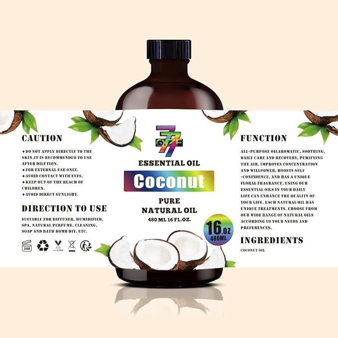 Coconut Essential Oil, Coconut Oils, for Diffuser, DIY Candles, Soap, Humidifier, Home, Bath, Gift, Essential Oil, GV77ZF Coconut Fragrance Oil - 16 fl oz (480 ml)