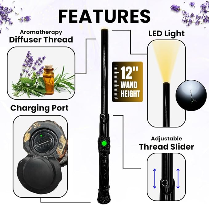 Rechargeable Aromatherapy Wand Diffuser with Adjustable Thread Design, 12-Inch Slim Battery Stick for Pocket or Bag, Includes Storage Box, Sleek Wellness Gift for Travel, Office or Daily Use (Black)