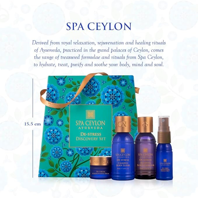 Spa Ceylon Ayurveda De-Stress Discovery Set - 4-Piece Natural Calming Gift Set with Frankincense, Sandalwood & Tangerine - Body Cleanser, Body Elixir, Essence Mist & Balm