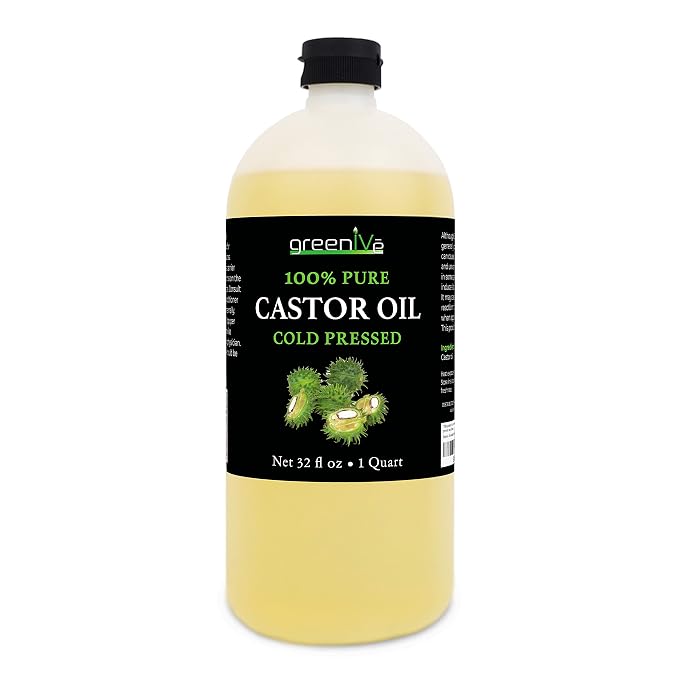 GreenIVe 100% Pure Castor Oil, 32 Fl oz | Cold-Pressed, USP Grade, Hair, Eyebrows, Eyelashes, Skin Moisturizer, Castor Pack Wrap Oil Bulk Bottle