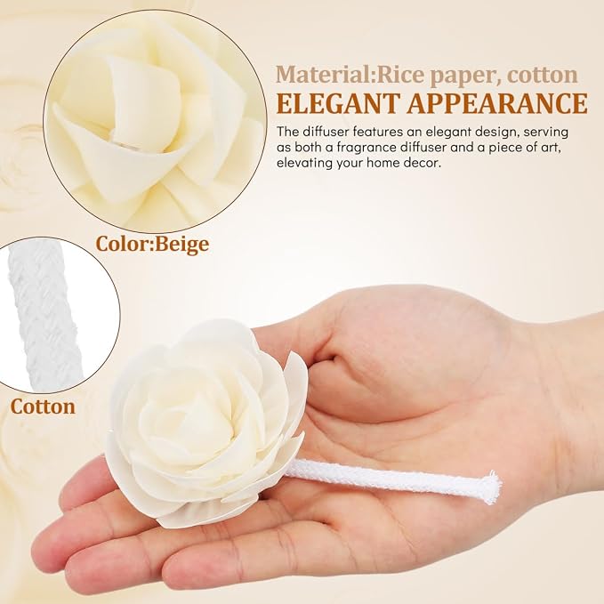 2pcs Camellia Flower Diffuser Sticks Natural Material Aromatherapy Reed Wood Flowers Fragrance Refills with Cotton Wick for Home and Office Decor