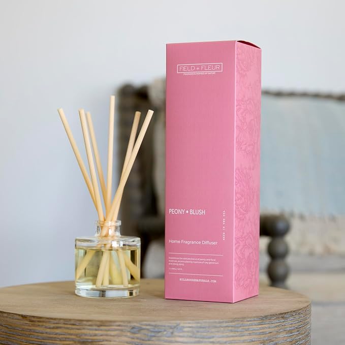 Field + Fleur - Reed Diffuser Set - Home Fragrance Diffuser - Refresh Home, Bedrooms, Bathrooms & More - Notes of Peony, Geranium & Ylang-Ylang - Made in the USA - Peony Blush Scent - 4 oz