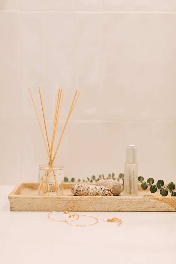 Brooklyn Candle Studio Reed Scent Diffuser - Fern & Moss - Relaxing Oil Diffuser, Sage, Lavender & Pine Fragrance, 8 Rattan Diffuser Reeds, Clean Ingredients - 4.4oz