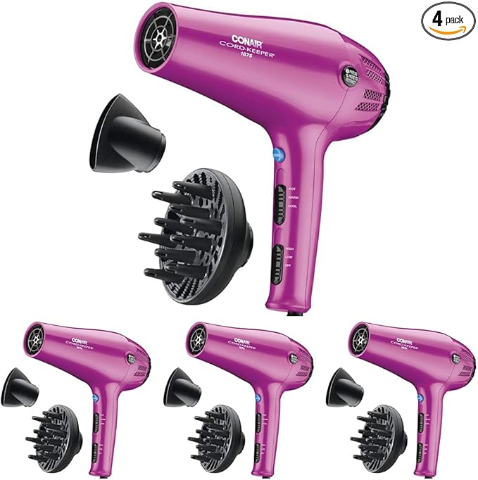 Conair HairDryer with Retractable Cord, 1875W Blow Dryer, 3 Heat Settings, 2 Speeds, BlowDryer with Diffuser and Concentrator Attachments, Ionic + Tourmaline Technology, Pink (Pack of 4)
