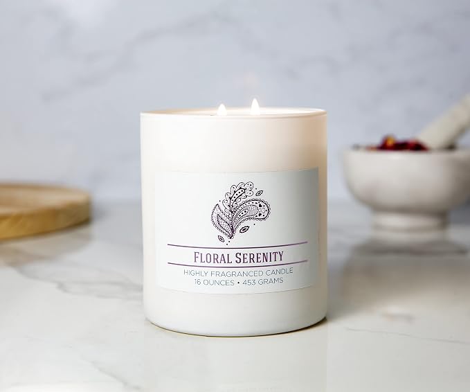 Carolina Floral Serenity Scented Candle, 16 oz Wellness Relaxing Aromatherapy Candle, 2 Wick White Jar Soy Blend Wax, Candles for Home, 60H Burn - Made in The USA