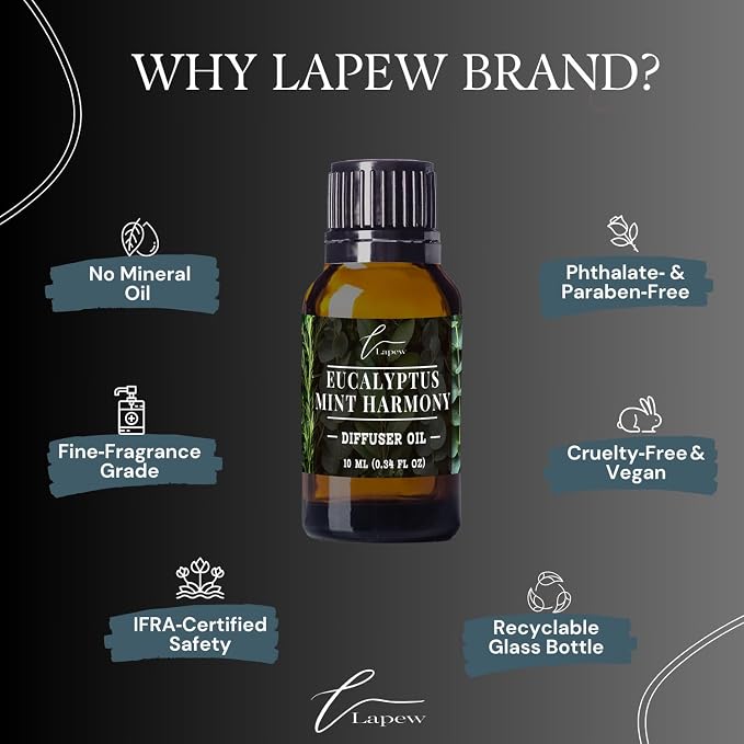 Lapew Eucalyptus Mint Harmony Waterless Diffuser Oil | Fragrance Oil for Nebulizer & Cold Air Diffusers | Scented Home Oil | 0.34 fl oz