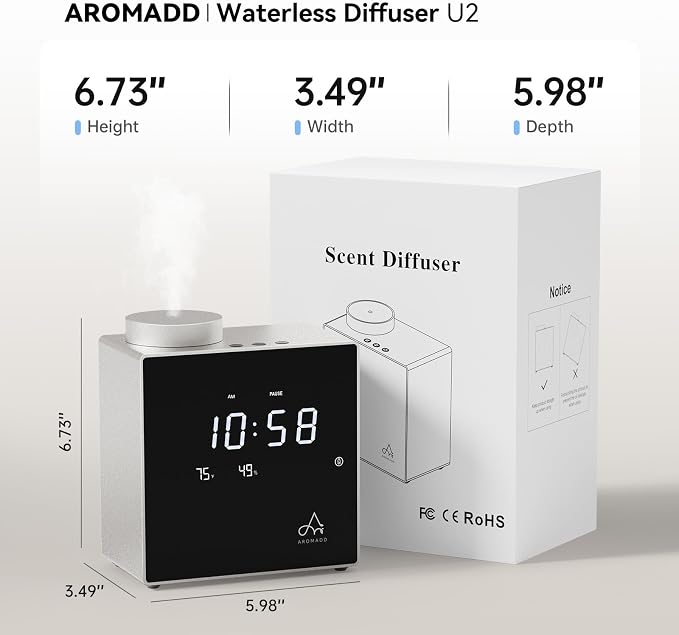 2026 Smart Waterless Diffuser, 2000 Sq.Ft Cold Air Scent Diffuser with Clock & Environmental Display | 7 Fragrance Levels, 9 Timer Settings, Hotel Collection Diffuser for Home & Large Rooms (Silver)
