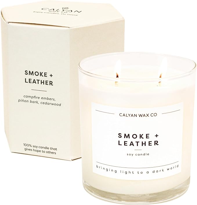 Calyan Wax Co. Smoke & Leather 2 Wick Scented Candle - 37 Hour Burn - Luxury Clean Soy Wax Candles - Long Lasting Large Glass Jar Candle for Home - 8.8oz