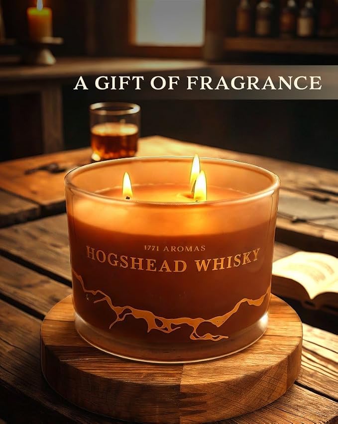 Hogshead Whisky Scented Candles - 100% Natural Soy Wax - Large 3 Wick Jar Candle - Up to 50 Hours Burning Time - Candles for Home - Gift-Ready Candle for Men & Women - Aromatherapy