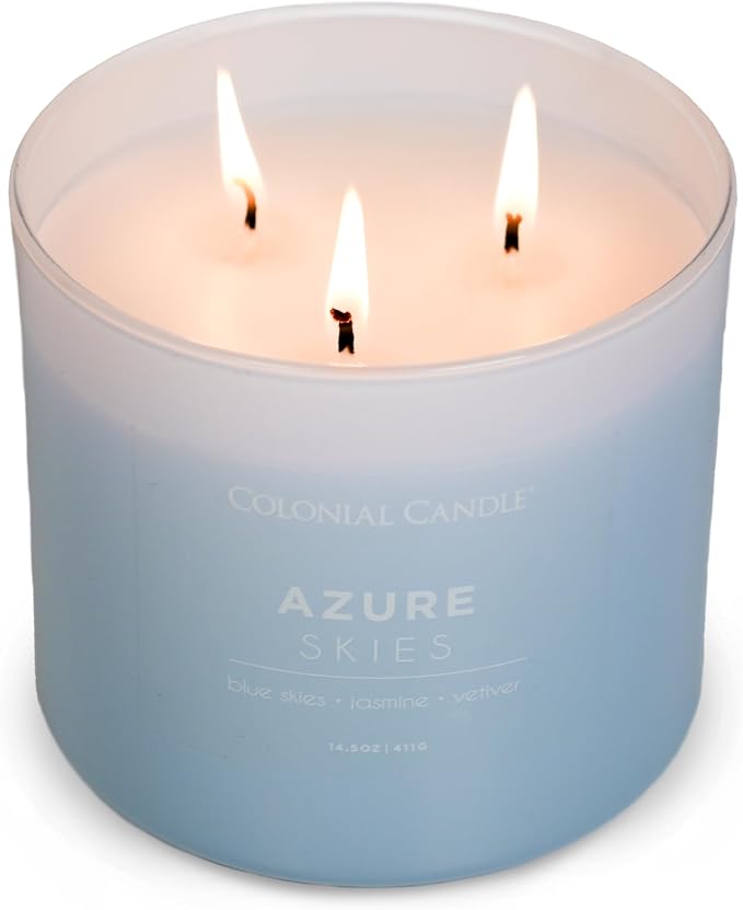 Colonial Candle Azure Skies Scented Jar Candle, Pop of Color Collection, 3 Wick, 14.5 oz - Up to 60 Hours Burn
