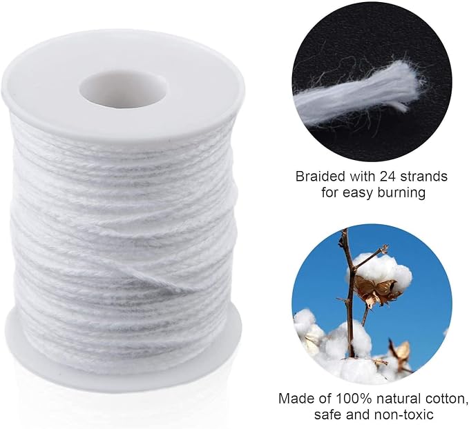 400 ft Cotton Candle Wick,24 PLY Braided Cotton Candle Making Wicks Spool + 200 Pieces Metal Sustainer Tabs + 1 Piece Centering Device Holder Set for DIY Crafts