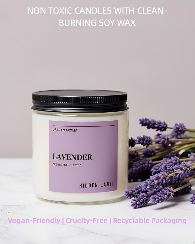 Hidden Label Lavender Soy Candle, 12oz 2-Wick, 70H Sleep & Calm | Non-Toxic Natural Wax, Paraben & Phthalate-Free, Clean Burn | Elegant Decor & Gift-Ready | Restful Nights & Relaxation