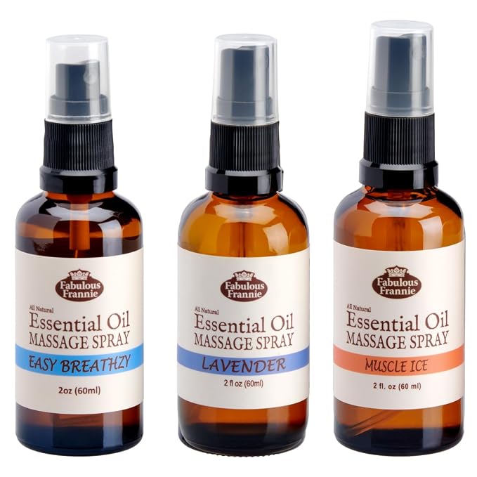 Fabulous Frannie Massage Spray Trio Set Includes Muscle Ice, Easy Breathzy and Lavender Made with Natural Carrier Oils and Pure Essential Oil 2oz (Set of 3)