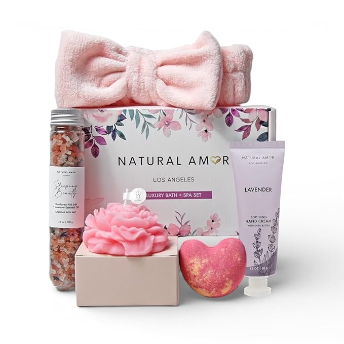 Natural Amor Bath & Spa Gift Set for Women – Floral Relaxation Self Care Box with Headband, Rose Candle, Heart Bath Bomb, Hand Cream, Pink Salt – Birthday, Valentine’s Day Gift