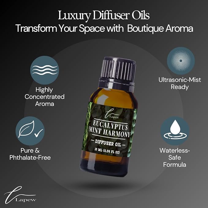Lapew Eucalyptus Mint Harmony Waterless Diffuser Oil | Fragrance Oil for Nebulizer & Cold Air Diffusers | Scented Home Oil | 0.34 fl oz