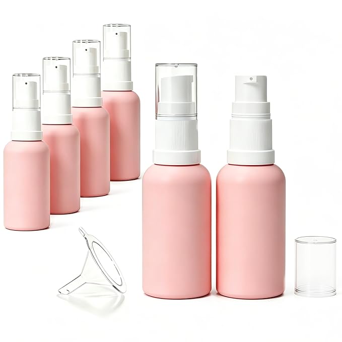 6 Pack Empty Travel Refillable Glass Pump Bottles Dispener 30ml/1oz, Pink Small Cosmetic Containers for Lotion,Cream,Essential Oil,Shampoo,Sercums (30ml Pink 6pcs)