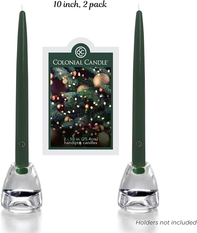 Colonial Candle Unscented Evergreen Taper Candle, 10 inch, Pack of 2 - Up to 8 Hours Burn