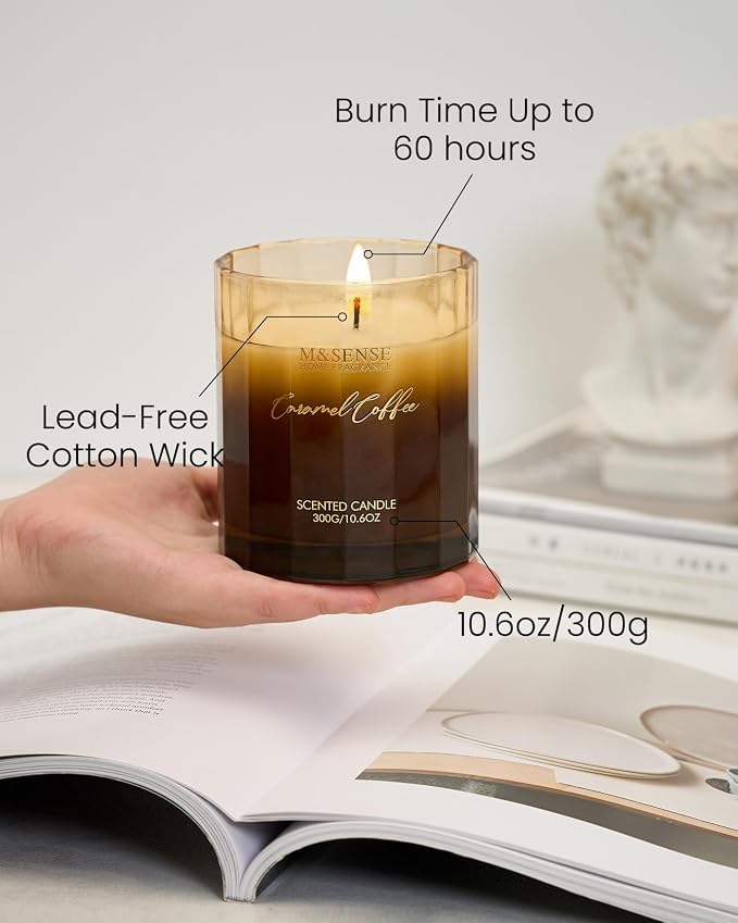 M&SENSE Caramel Coffee Home Scented Candles, 10.6oz 60-Hour Natural Soy Wax | Clean Non-Toxic Long Lasting, Cozy Scent Aromatherapy Candle, Housewarming Gifts for Coffee Lovers & Women Men