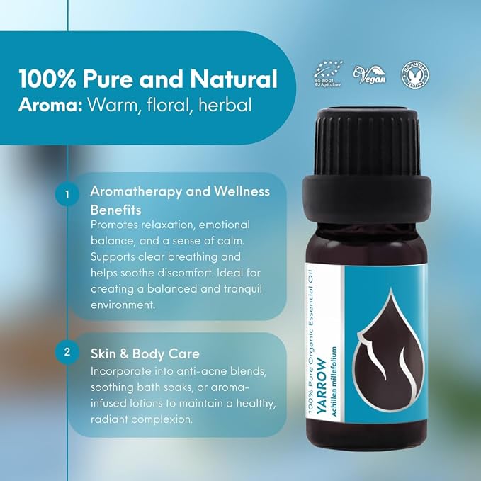 Essences Bulgaria Organic Yarrow Essential Oil 1/6 Fl Oz | 5ml | Achillea millefolium | 100% Pure and Natural | Undiluted | Therapeutic Grade | Family Owned Farm | Steam-Distilled | Non-GMO | Vegan