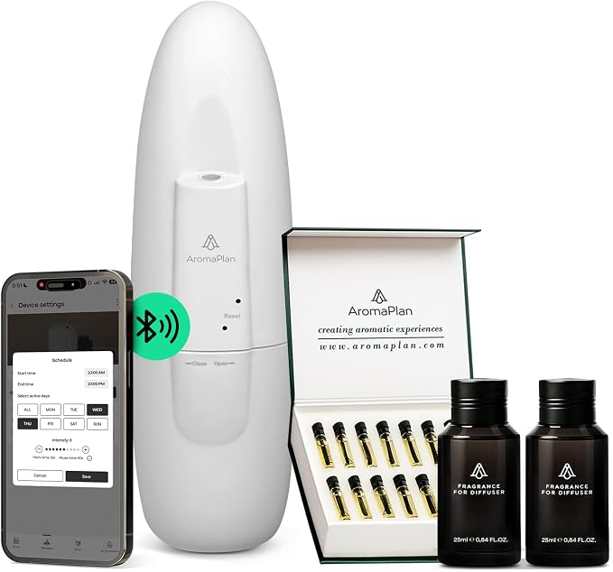 AromaPlan 5 Star Collection Plug in Diffuser (Fragrances+Sample Set Included)-Cold Air & Waterless Diffusers for Home & Office- Silent Wall Diffuser Plug in, Bluetooth App Control, 500 sq. Ft (White)