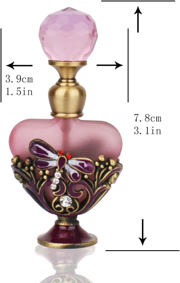 YU FENG Vintage Dragonfly Pewter and Glass Perfume Bottle with Diamand, Empty Refillable Mini Perfume Bottle