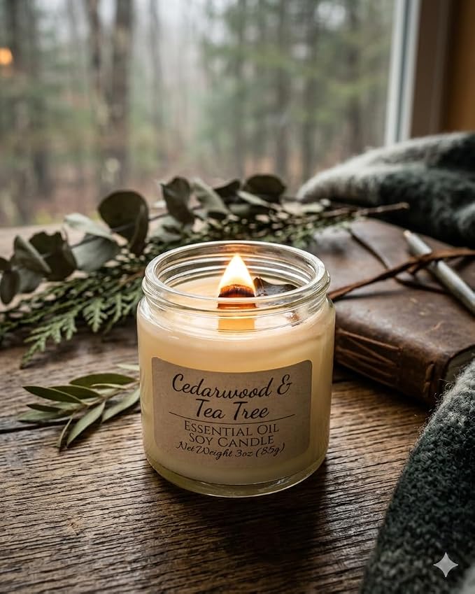 Cedarwood & Tea Tree Scented Candle, Hand Crafted Essential Oil Soy Candles with Flickering Wood Wick, Garnish, 23 Hour Burn Time, Natural Aromatherapy, Glass Jar with Lid, 3oz by Lathered Artisan