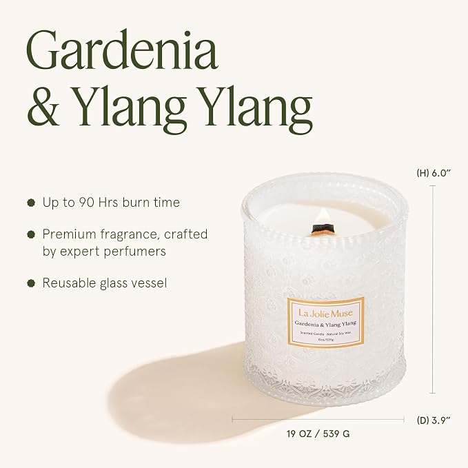 LA JOLIE MUSE Gardenia & Ylang Ylang Scented Candles for Home,19 oz Soy | Large Jar Luxury Candles, Clean Non Toxic, Gifts for Women & Mom, Decorative White Candle, Pretty Floral Candle, Wood Wick