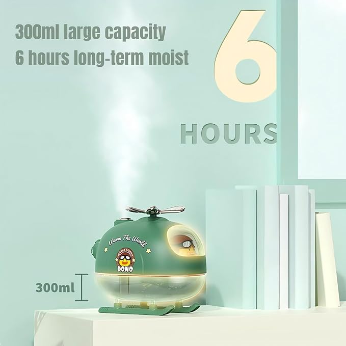 Cute Duck Pilot Desktop Mini Humidifier with LED Night Light, 300ml Essential Oil Diffuser with Rotatable Propeller, Portable Cool Mist Humidifier for Bedroom, Office, Car, Travel (Green)