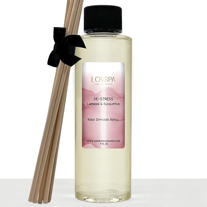 De-Stress Lavender Eucalyptus Diffuser Oil Refill, 4 oz, Fragrance | Lavender, eucalyptus, and woody balsamic profile, includes replacement reeds, spa aroma, guest bathroom, powder room