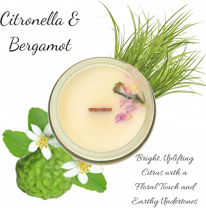 Citronella & Bergamot Scented Candle, Hand Crafted Essential Oil Soy Candles, Flickering Wood Wick, Dried Flowers, 23 Hour Burn Time, Natural Aromatherapy, Glass Jar with Lid, 3oz by Lathered Artisan