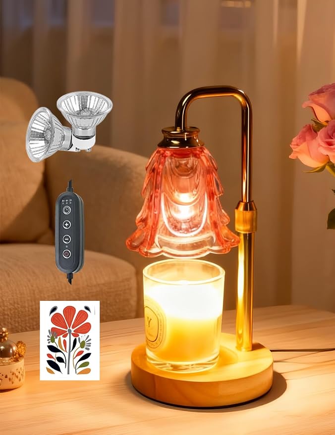 Candle Warmer Lamp, Pink Flower Glass Candle Lamp with Timer, Birthday Gifts for Mom Women, Dimmable Height Adjustable Home Gifts, Home Decor for Home Bedroom Office Fragrance