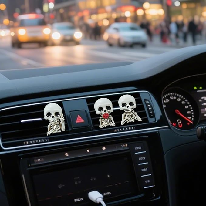 Set of 3 Halloween Skull Decor Cute Car Air Freshener Vent Clips, Resin Skeleton Holding Rose Car Diffuser Romantic Dashboard Decorations Auto Interior Accessories for Men Women