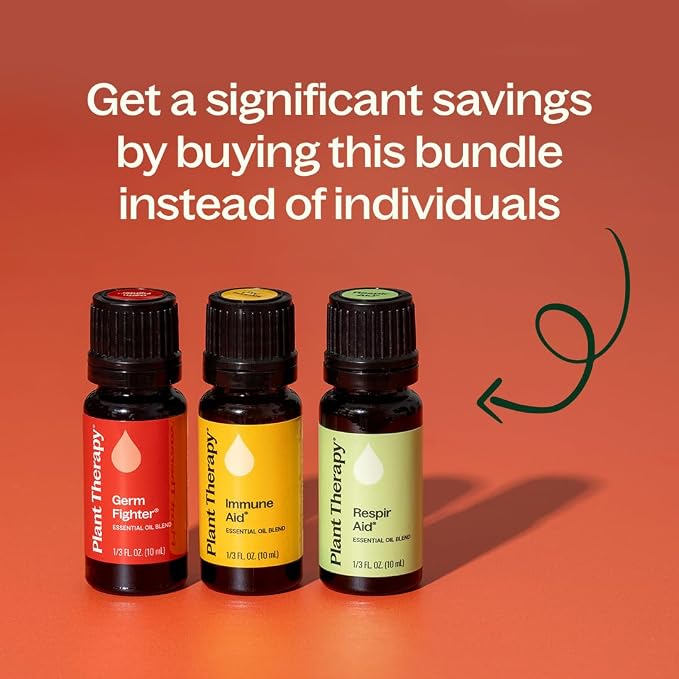 Plant Therapy Wellness Essential Oil Set, 3-Pack of 10 MLS (1/3 oz), Pure Essential Oil Blends: Germ Fighter, Immune Aid & Respir Aid, Great for Immune Support, Respiratory Relief & Seasonal Wellness