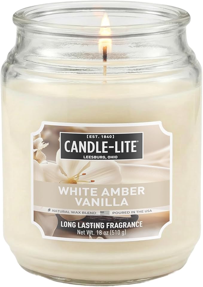 Candle-lite Scented Candles, White Amber Vanilla, 18 oz Jar, Proudly Poured in the USA, Aromatherapy Candle, Single-Wick with 110 Hours of Burn Time, Perfect for Creating a Relaxing Ambiance