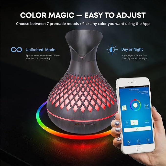 Smart WIFI Essential Oil Diffuser, 500ml Aromatherapy Diffuser Humidifier for Large Room, Works with Phone App & Alexa Google Home Voice Control, 7 LED, Create Schedules and 4 Timer, Auto Shut-Off,Dar