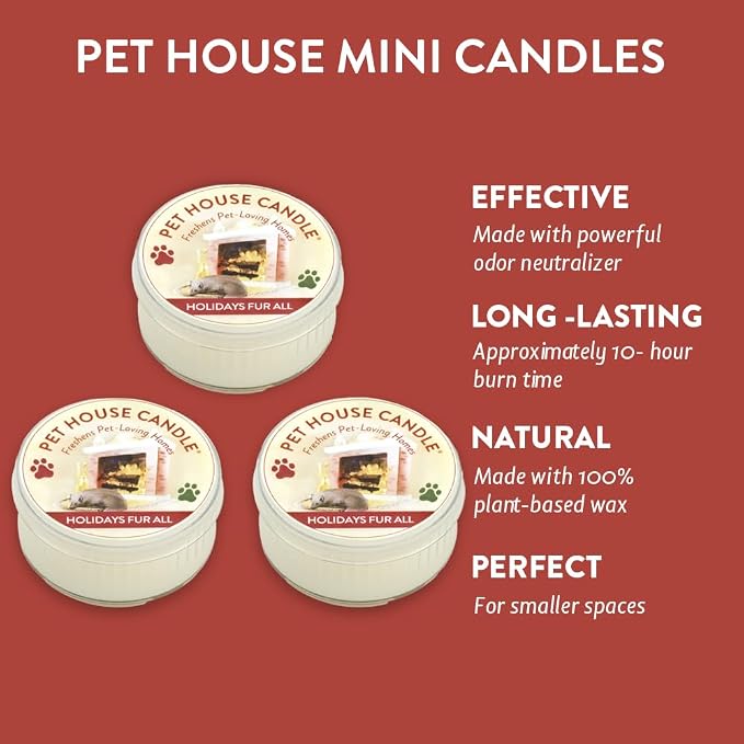 Pet House Mini Candles for Pet Odor Made with Natural Soy Wax, Plant Based, Dog and Cat Friendly Scented Candles, Holidays Fur All Pack of 3