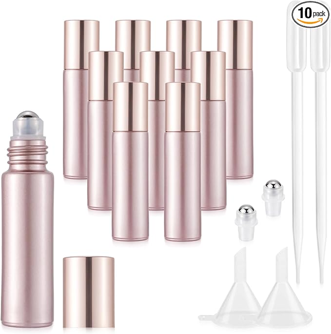 10 Pack 10mL Essential Oil Roller Bottles Empty Glass Roll On Bottles Rose Gold with Stainless Steel Ball Applicator for Perfume Refillable Leak Proof Travel Portable DIY Craft Eye Care Sample