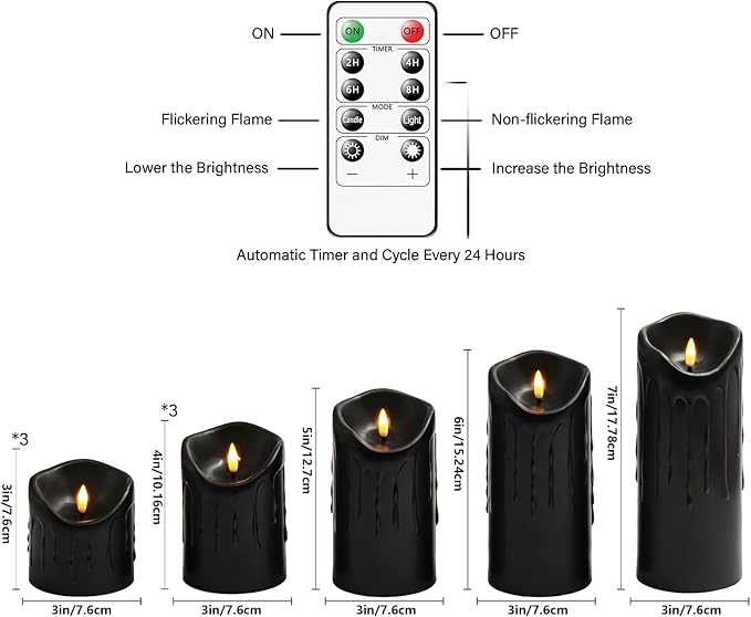 Nimiko Flameless Candles with Remote, Battery Operated Flickering Flameless Candles, LED Candles with Timer 2/4/6/8H, Realistic Drop Wax flameless Candle Set of 9 (D3 x H 3" 4" 5" 6" 7") (Black)