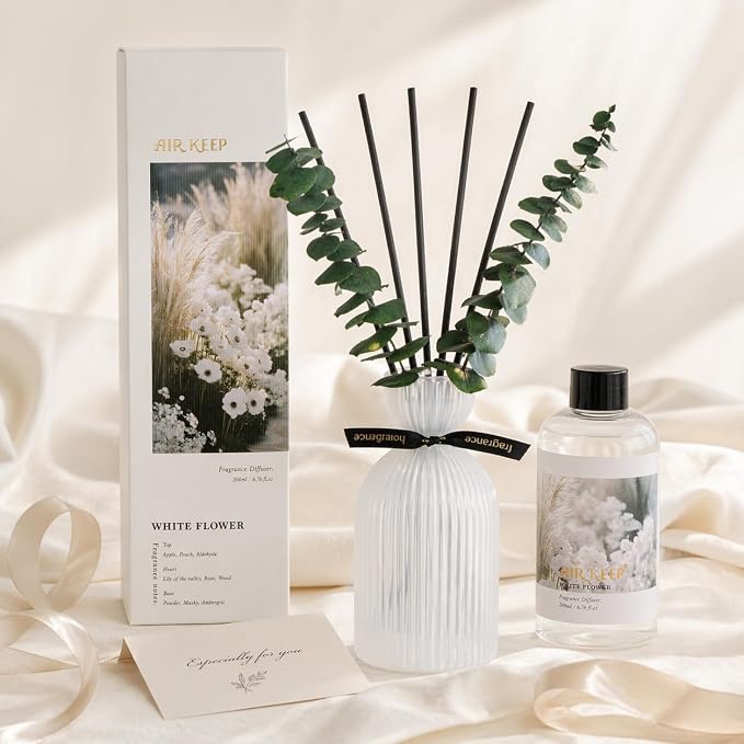 Airkeep Reed Diffuser Set 6.76 oz – White Flower Decorative Home Fragrance with Eucalyptus Sticks, Ribbed Glass Diffuser for Bathroom & Bedroom Décor, Gift Ready